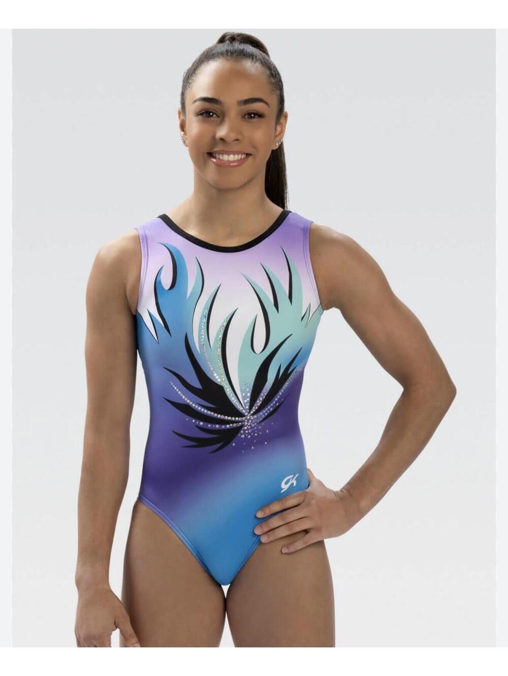 GK Elite Gradient Blue and Purple Gymnastics Leotard with Flame Design AL